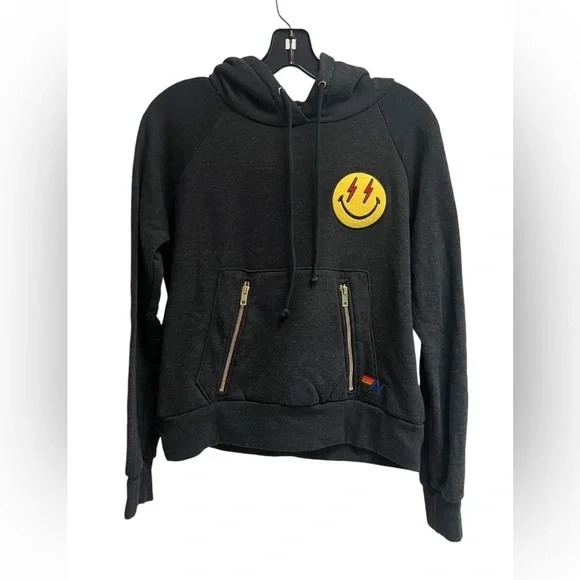 AVIATOR NATION Women’s Dark Grey Hoodie with Smily Face - Size X-Small - Picture 1 of 12